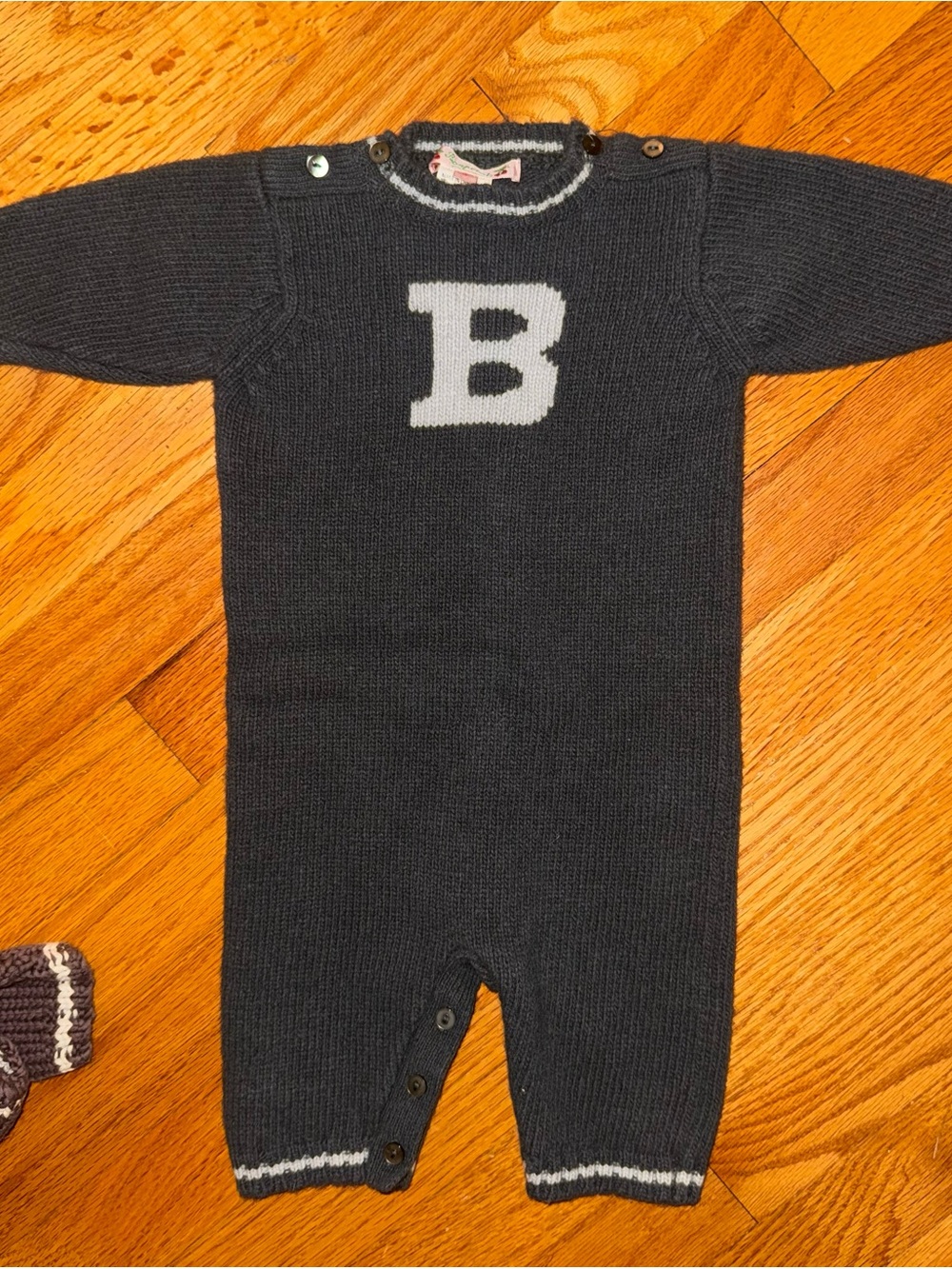 Bonpoint Navy Knit One-Piece with Gray 'B' Initial